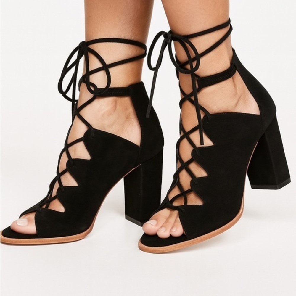 Loeffler Randall Helene Black Suede Lace Up Block Heel Sandals
